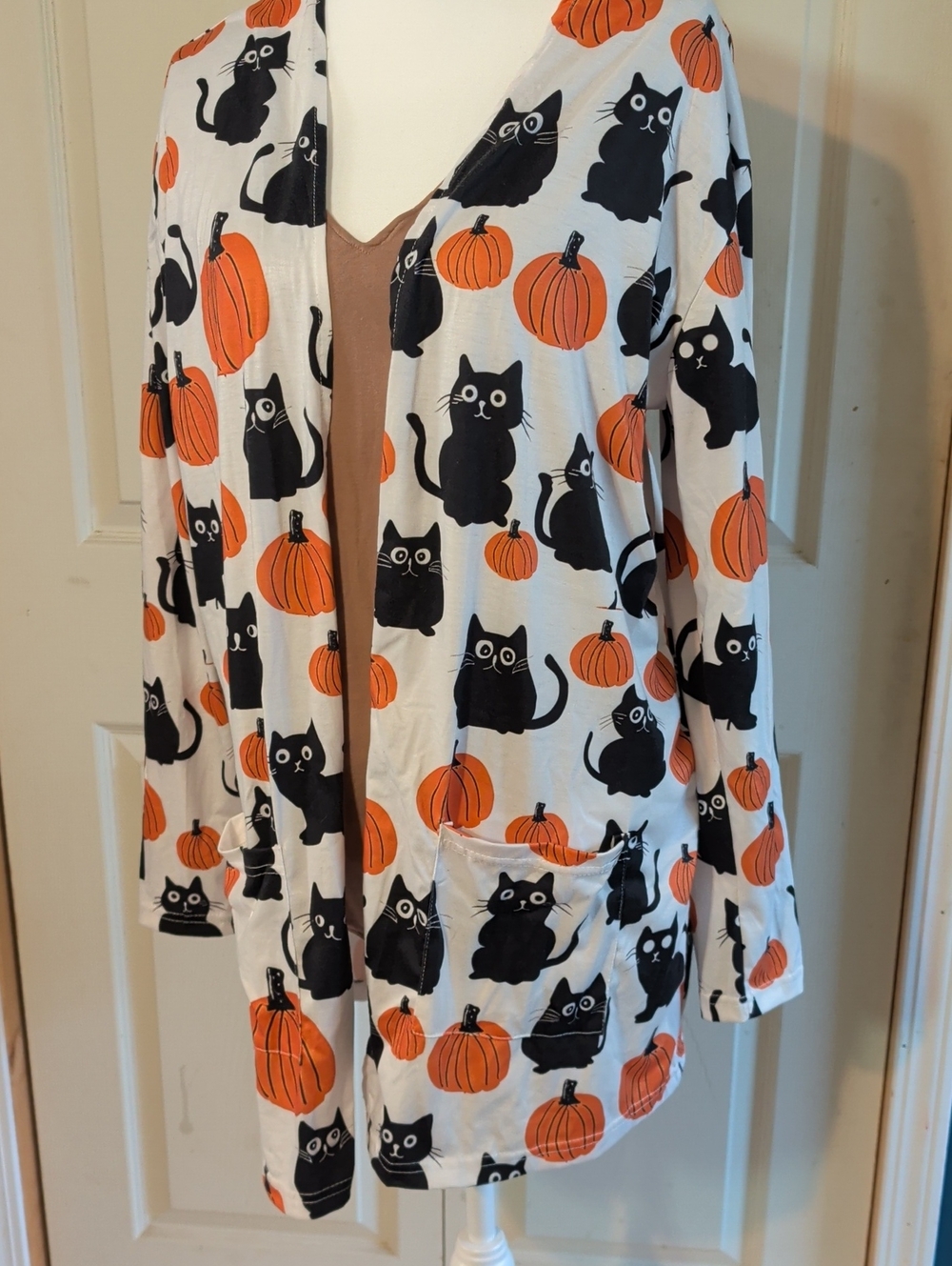 Halloween Cat & Pumpkin Open-Front Blazer Jacket - White/Black/Orange